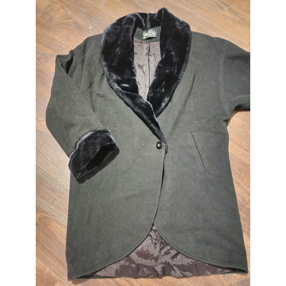 VTG Braetan Black‎ Wool Blend Faux Fur Hooded Zip Front Coat XL jacket